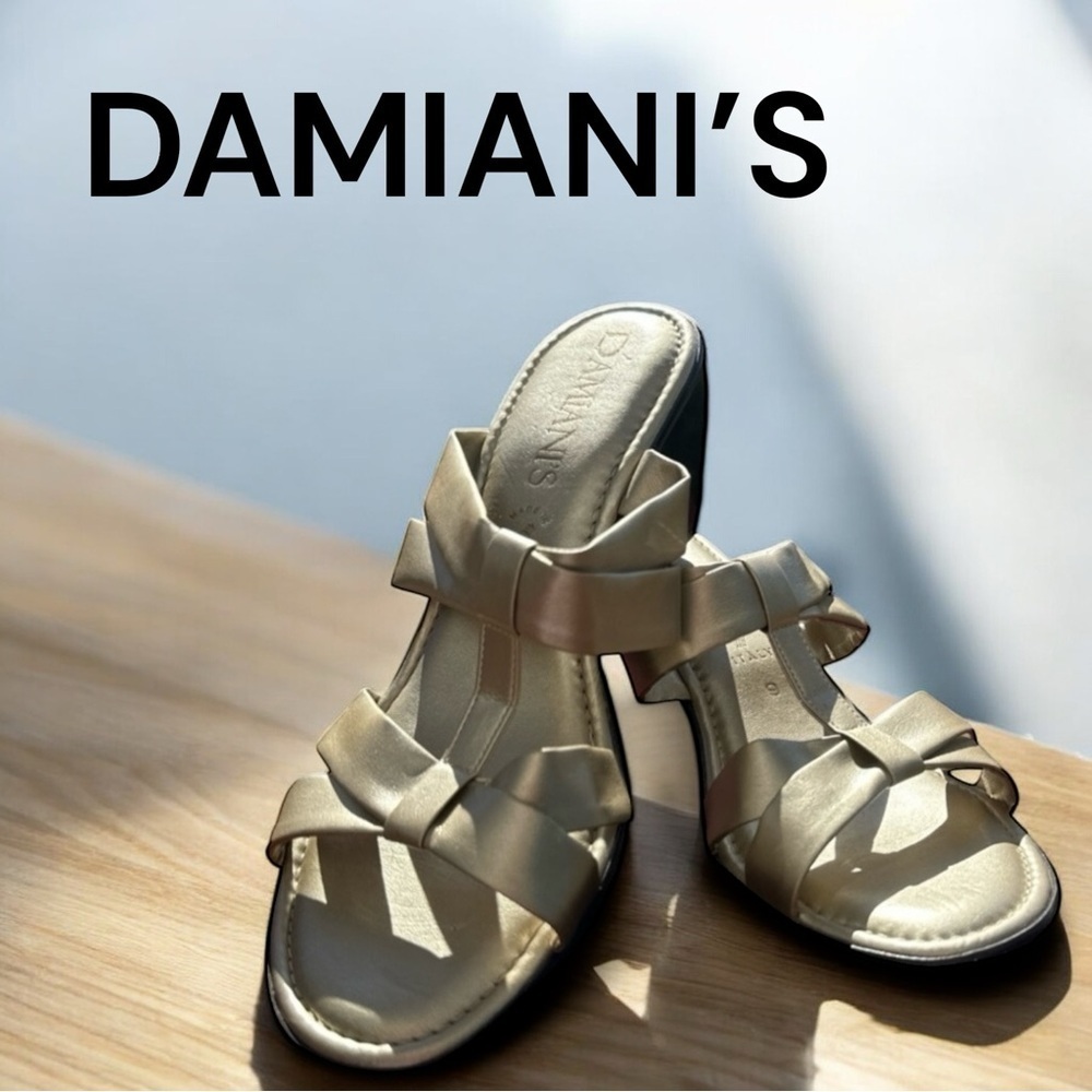 Damiani’s Made In Italy Gold Strap Cushioned Footbed Wedge Slide On Sandal